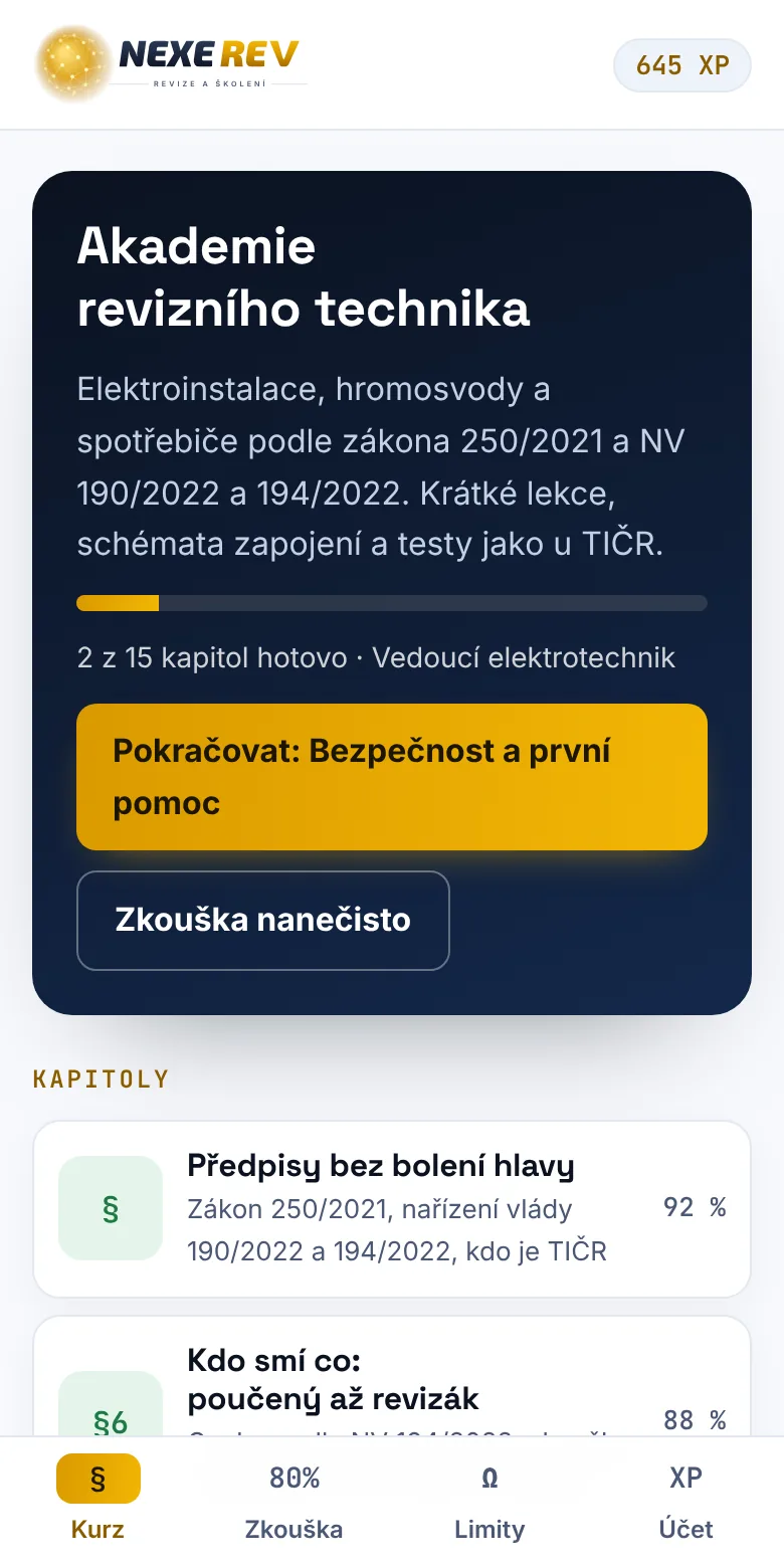 Přehled kurzu s postupem, hodností a kapitolami