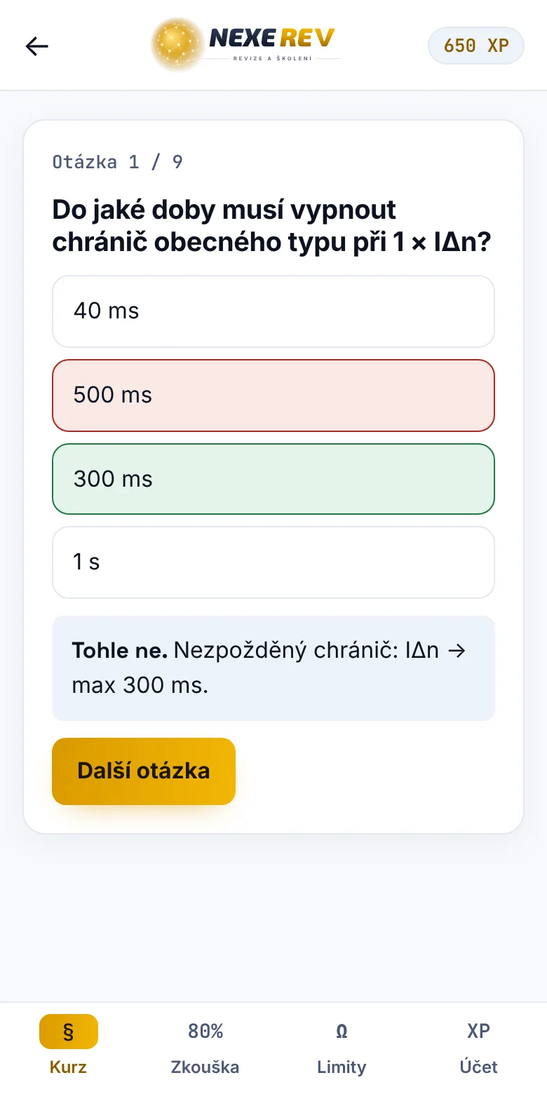 Testová otázka o dotykovém napětí s vysvětlením správné odpovědi